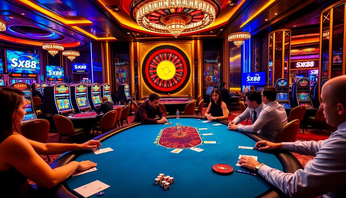Excited players engaging in high-stakes poker at SX88 casino tables.