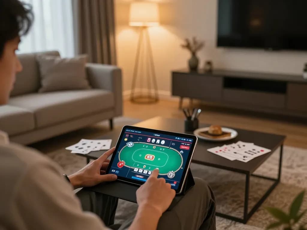 Orang bermain permainan kasino online di tablet, menampilkan antarmuka SBOBET88, suasana rumah yang nyaman.