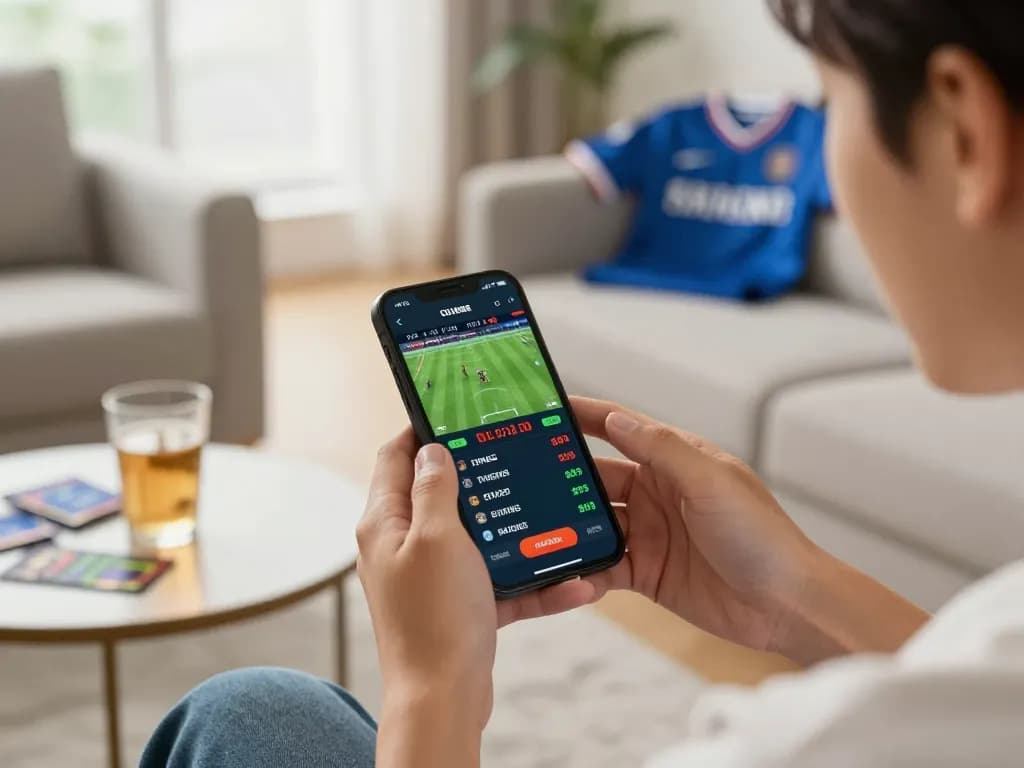 hi88 sports betting action on smartphone in relaxed home environment, showcasing real-time odds and betting interface