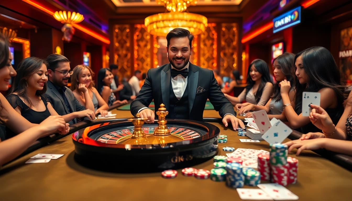 Players enjoying a thrilling game at the GK 88 casino table with colorful chips and cards.