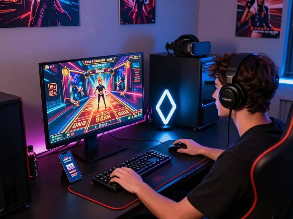 Engaged gamer playing at 32win.com with vibrant casino graphics and modern gaming gear.