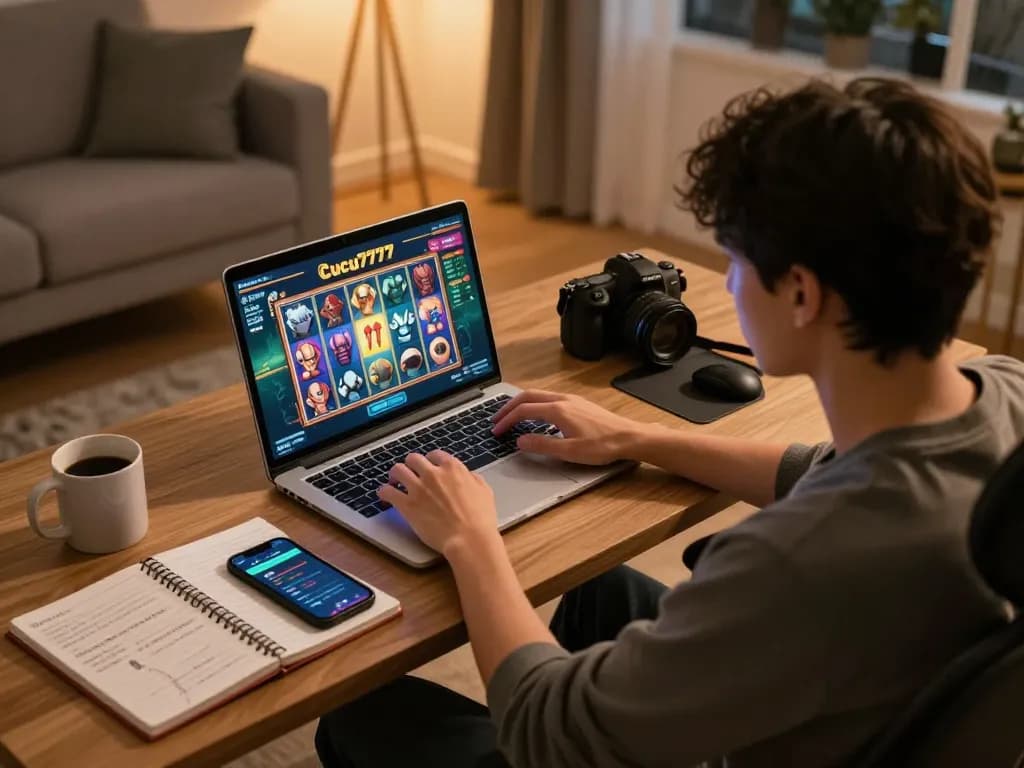 Engaging player using cucu777 online gaming on a laptop in a cozy home office.