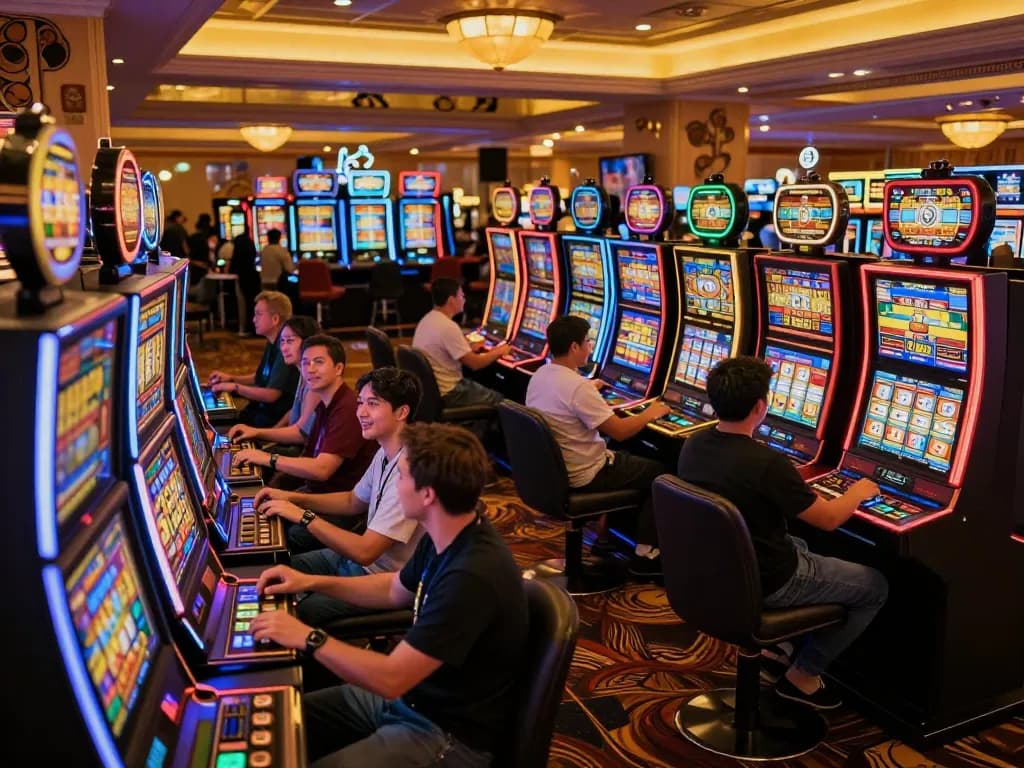 Players enjoying slot online games at colorful machines, capturing excitement in a lively casino setting.