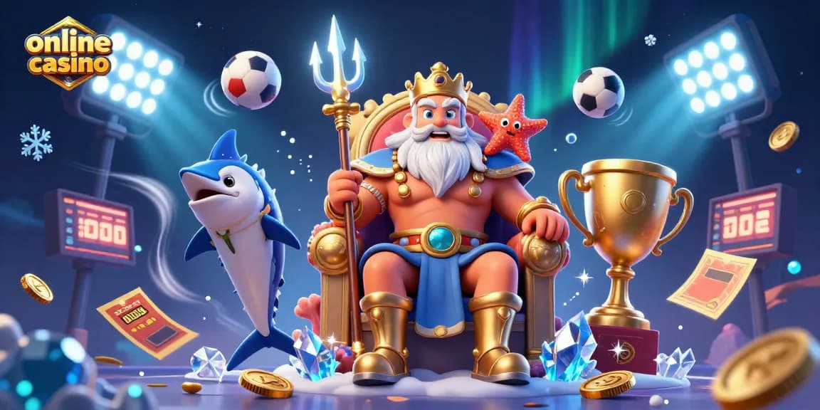 Engage in online casino excitement with a vibrant scene featuring Neptune and dynamic sports elements.