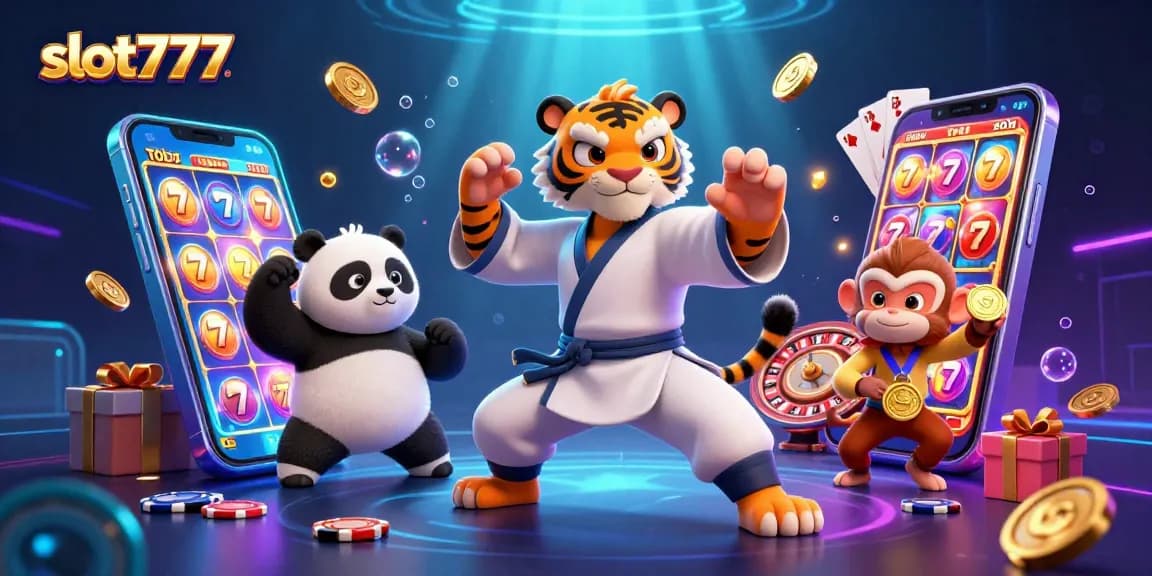 Experience slot777 action as a kung fu tiger, panda disciple and monkey student engage in a lively gambling scene.