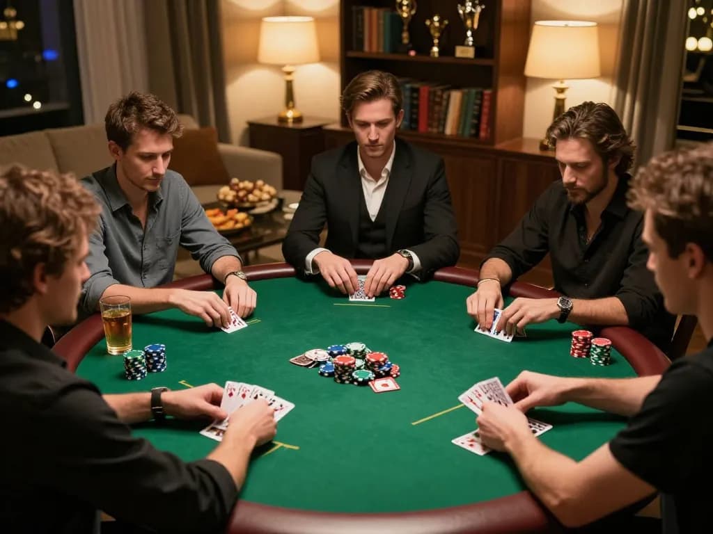 rikvip players engaged in an intense home poker game, focused on strategy and winning.