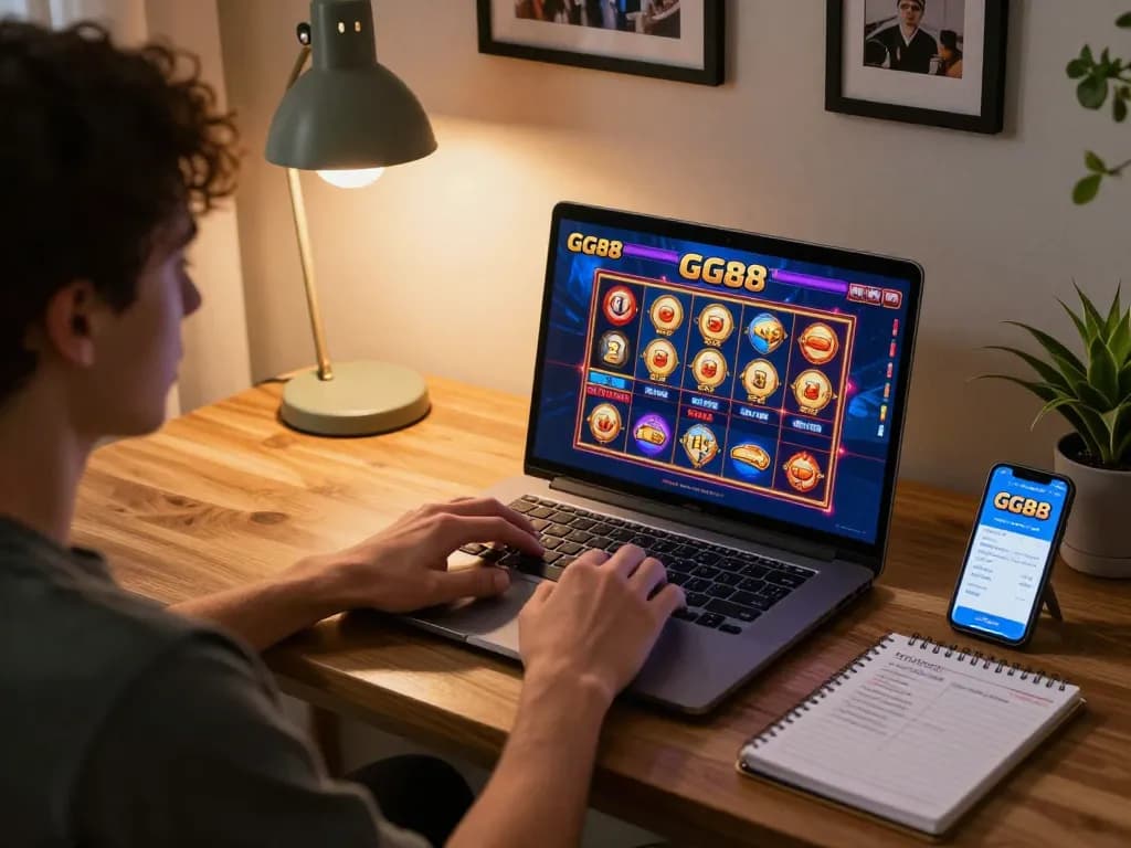 Engaging online gaming scene showcasing GG88 casino on a laptop with strategic notes nearby.