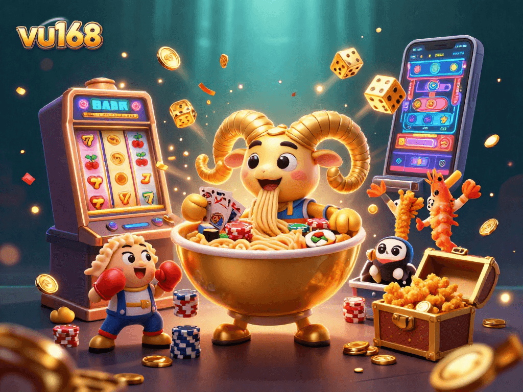 Engage with vu168's vibrant scene of a 3D casino featuring a golden ramen bowl and thrilling game elements.