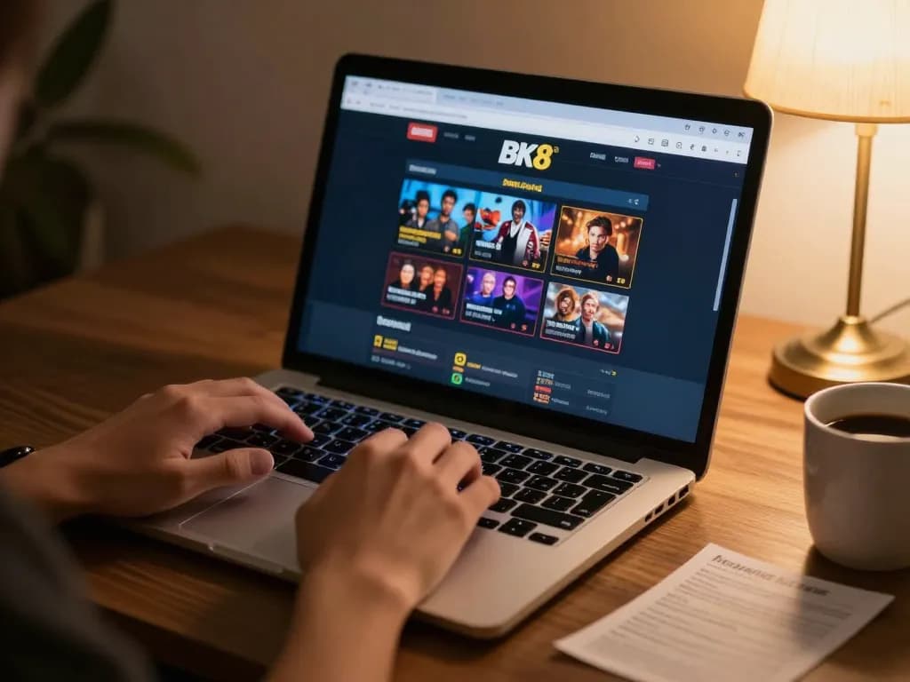 Engaging gaming scene with a player using the BK8 platform on a laptop, showcasing online betting strategies and casual home atmosphere.