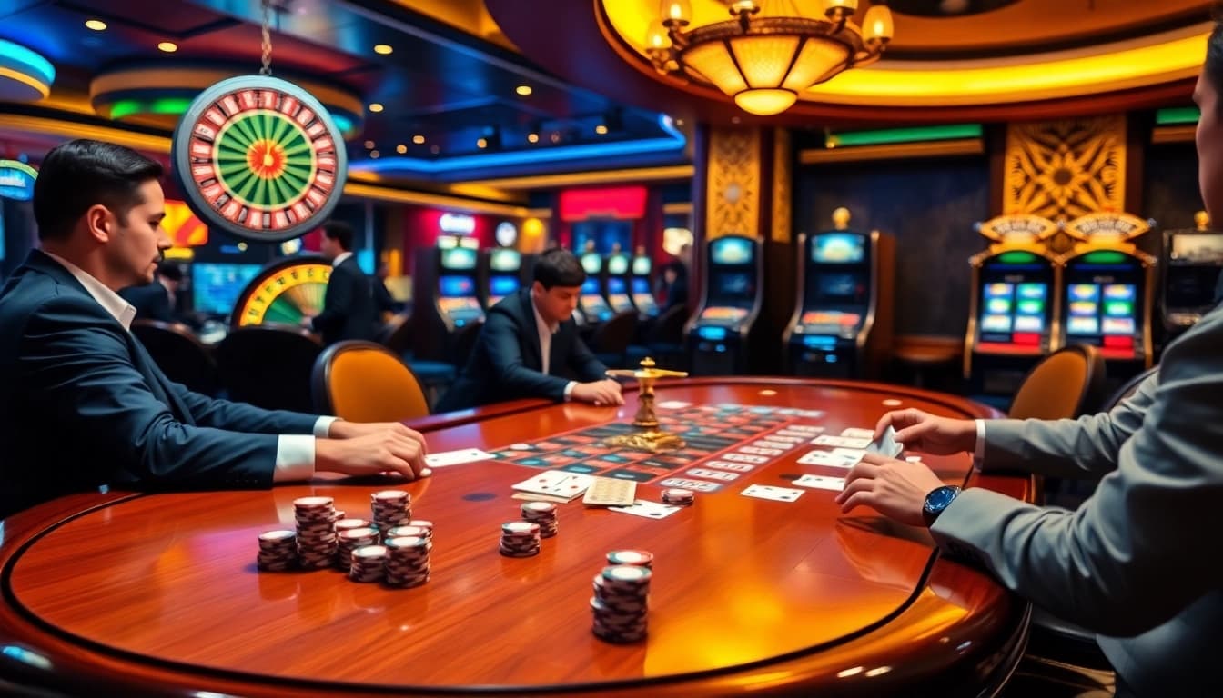 A thrilling live poker game at 88xx casino, showcasing players and dealers in an elegant atmosphere.
