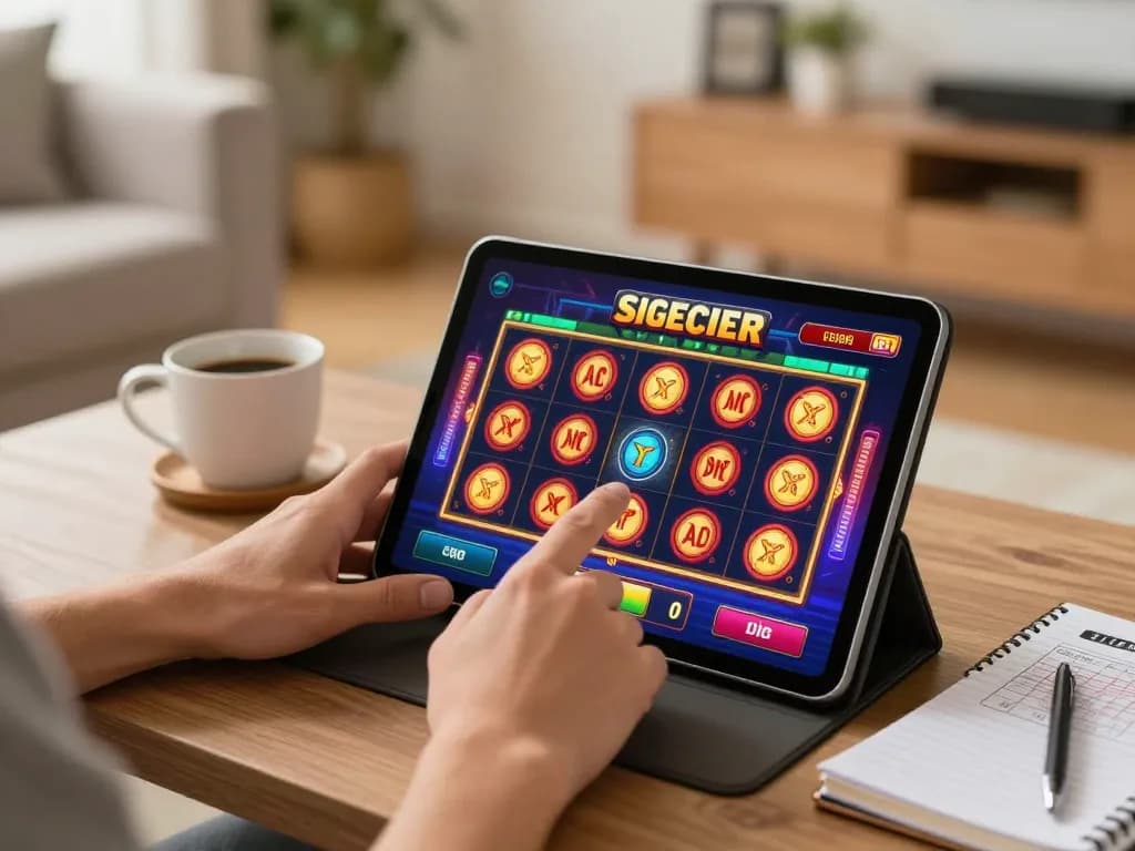 Player engaging with okking slot game on tablet in a cozy home setup.