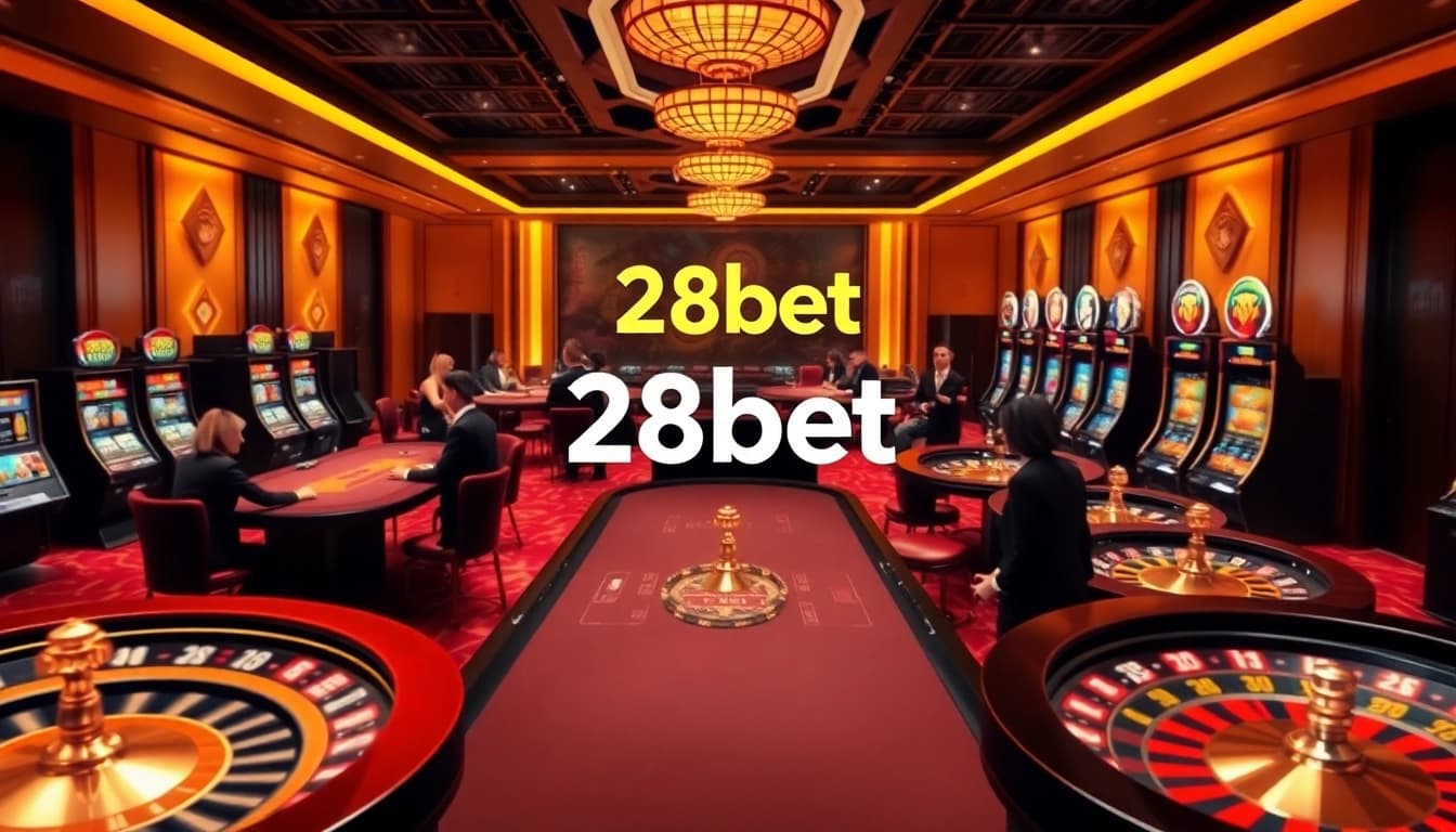 Exciting scene of 28bet online casino showing poker, roulette, and slots captivating players.
