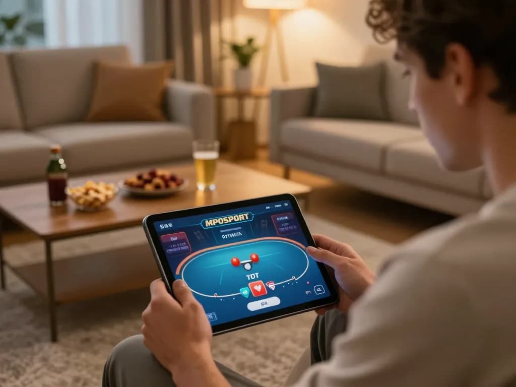 Experience mpo sport poker gameplay on a cozy tablet setup in a warm living room.