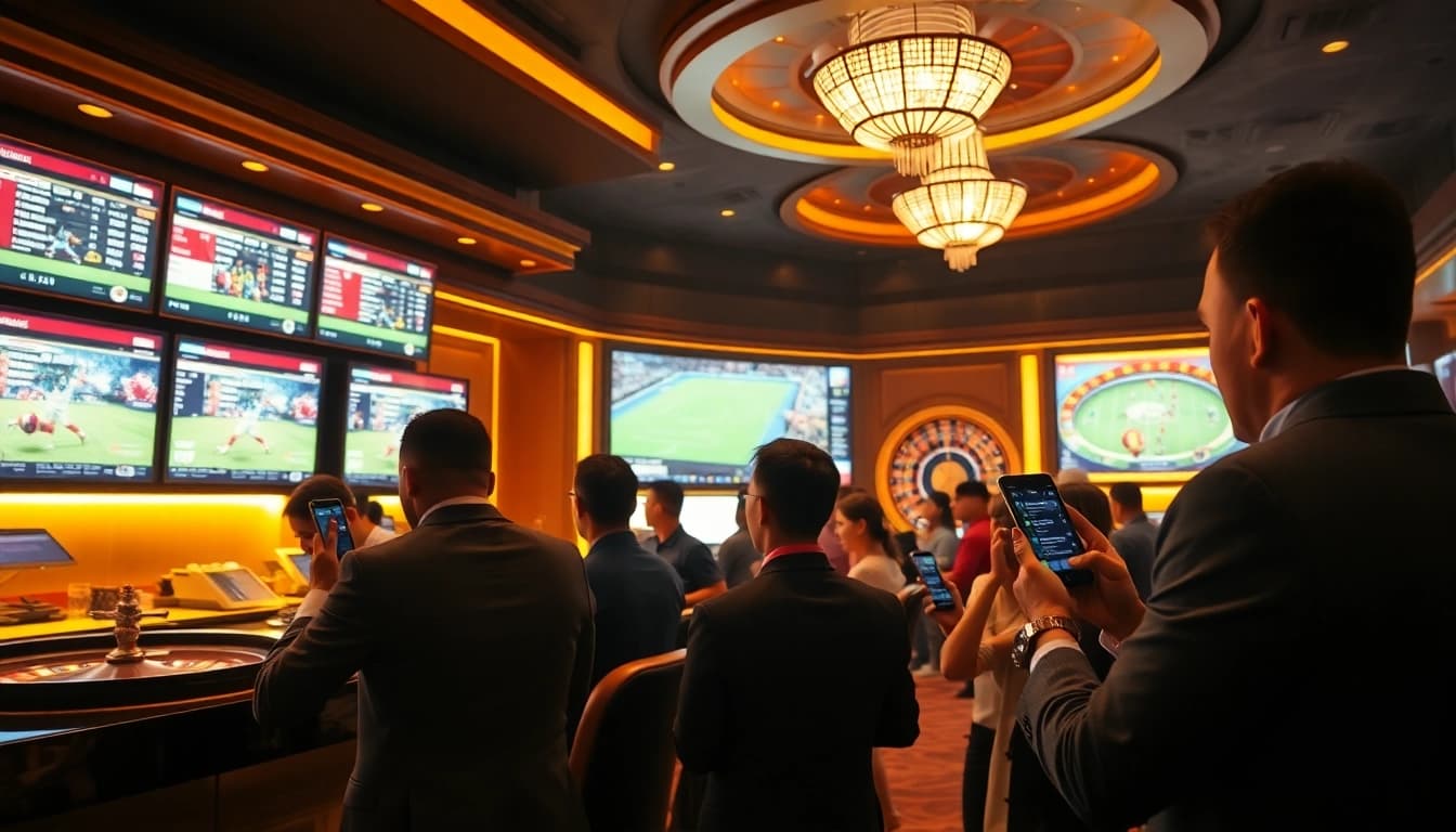 Engaged bettors analyzing odds for Taruhan Bola in a dynamic sports betting casino environment.