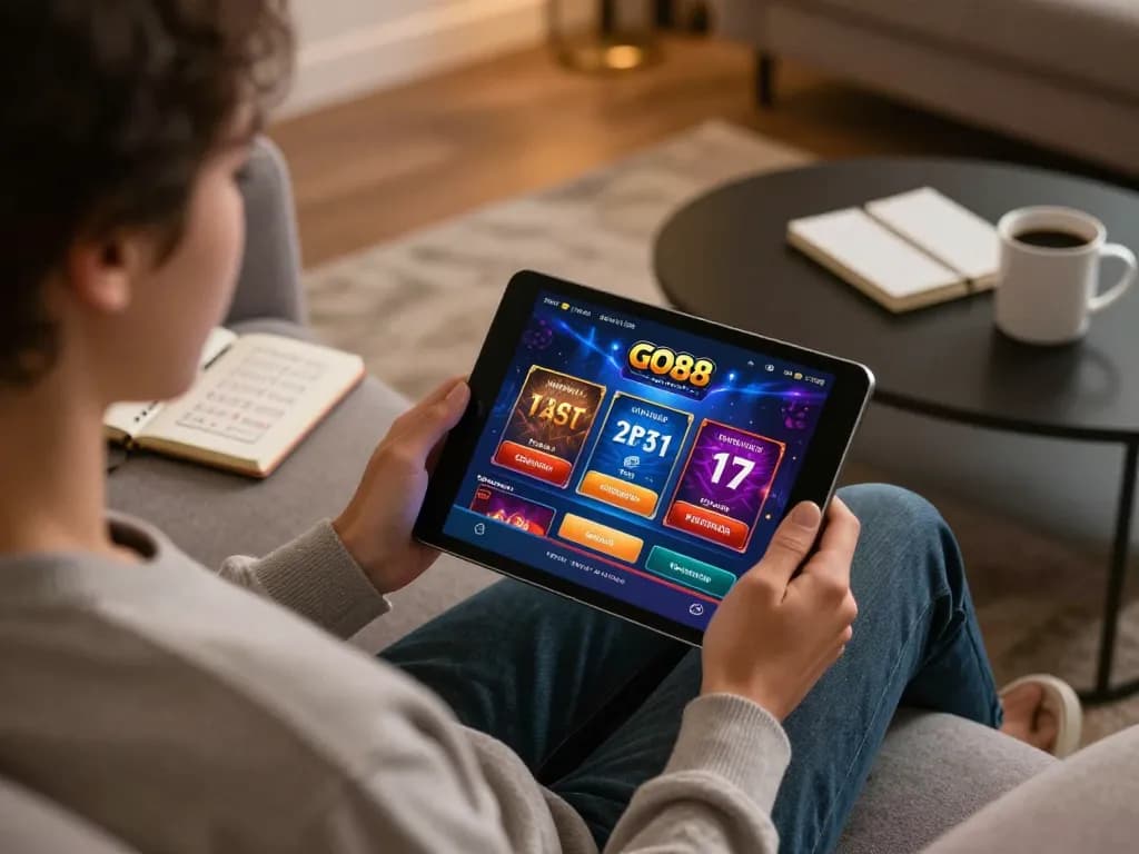 Engaging with the GO88 casino app on a tablet in a cozy home setting.