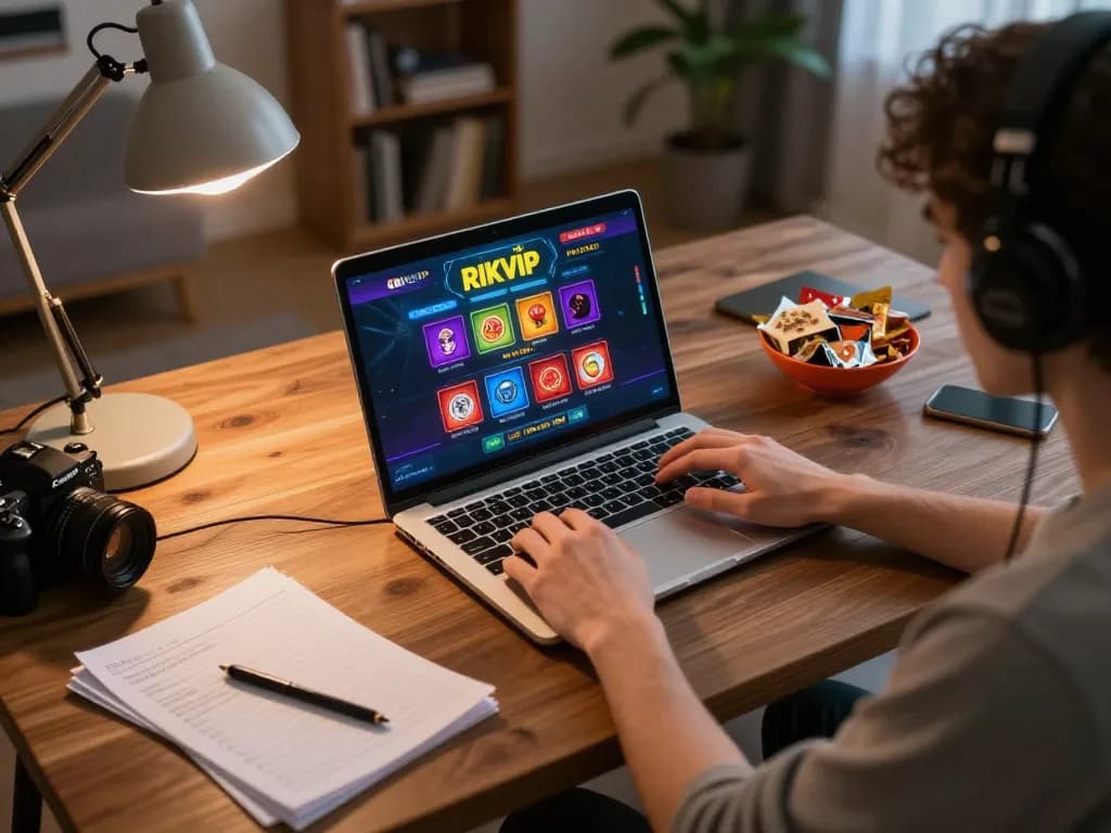 Player engaging with RIKVIP online casino on laptop in cozy home environment.