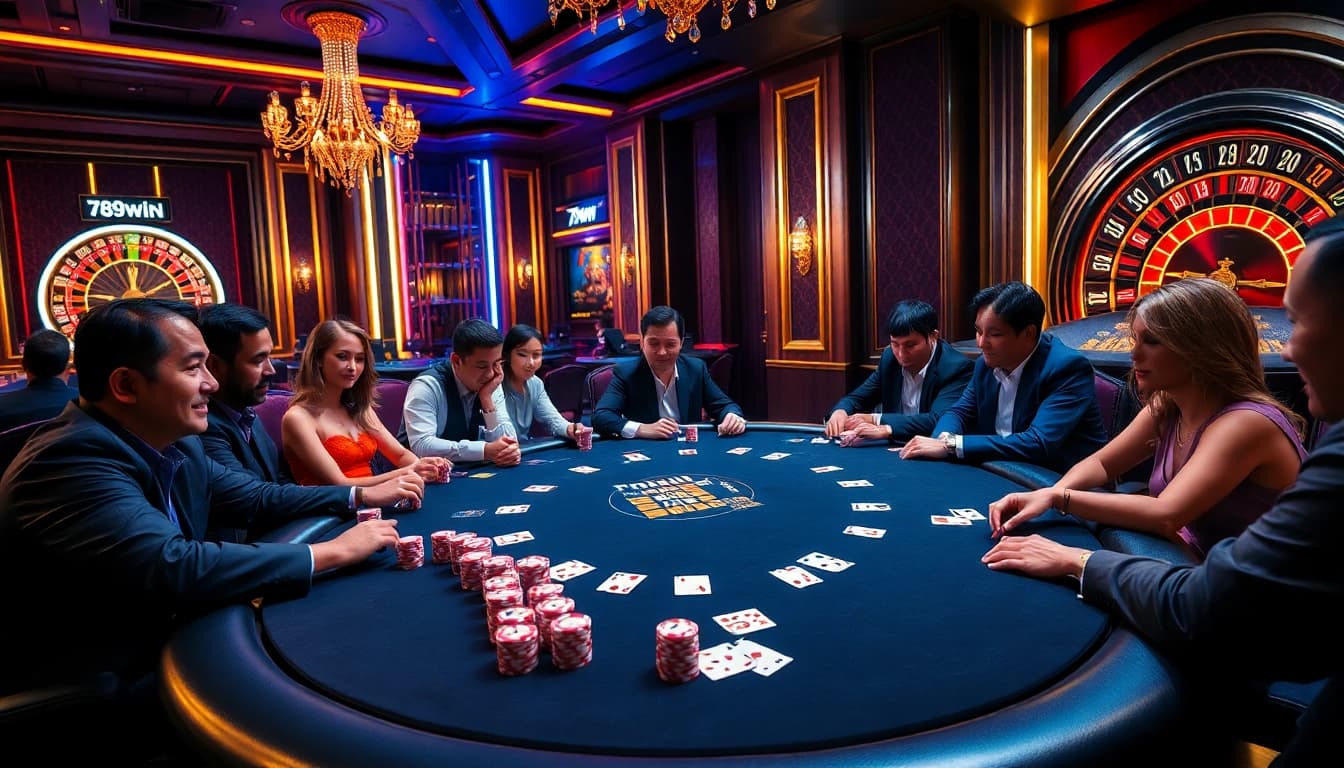 Players engaging in a thrilling poker game at 789win casino, showcasing vibrant atmosphere and luxury.