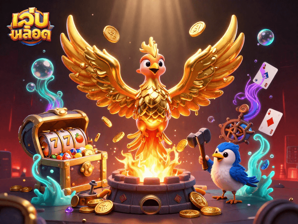 Experience เว็บสล็อต excitement with an ultra-detailed 3D scene featuring golden phoenix and dynamic slot elements.