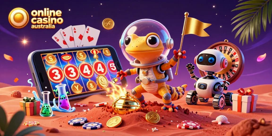 Experience the thrill of online casino Australia with a Martian gecko discovering a golden casino scene.