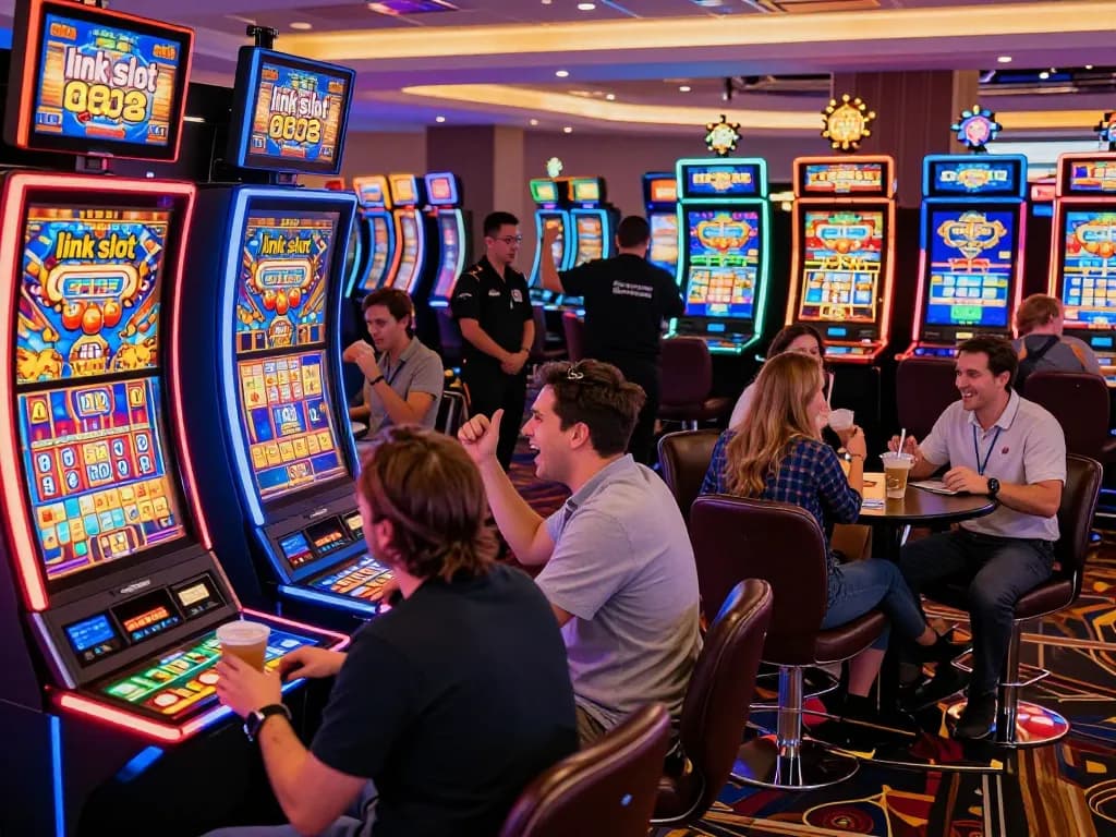 Exciting casino scene featuring link slot machines, diverse players celebrating wins amidst vibrant neon lights.