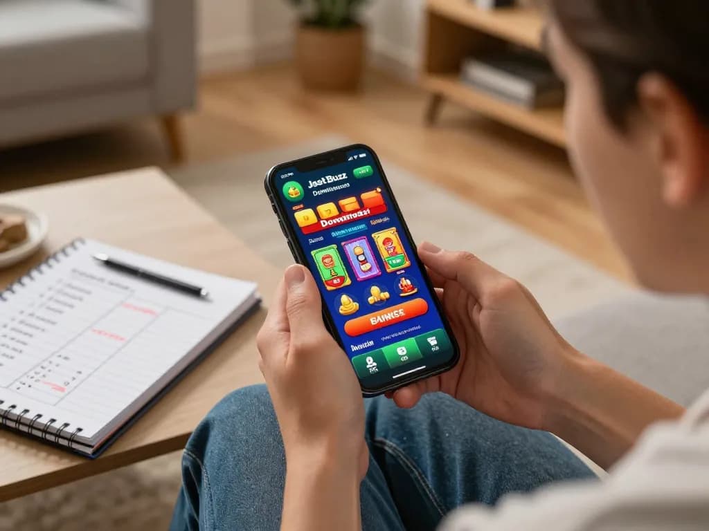 Engage in fast-paced casino action using the Jeetbuzz Download App on your smartphone in a cozy living room.