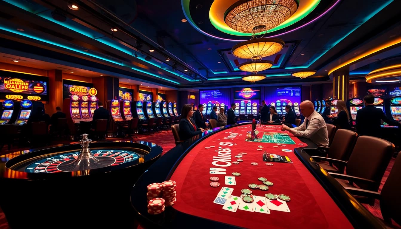 Experience the excitement of nhà cái sky88 with vibrant casino tables and engaging gamblers.