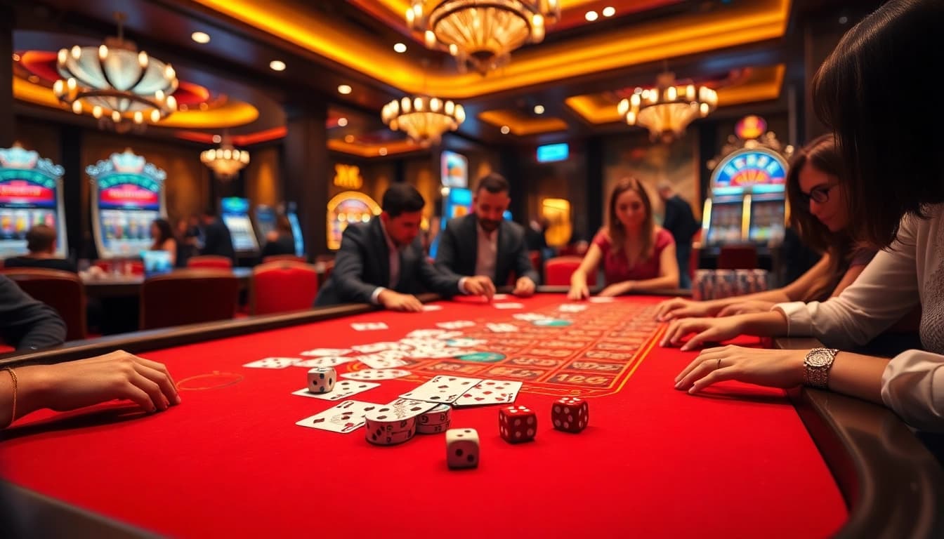 Tài xỉu md5 players engaging in a thrilling game with betting chips and vibrant casino ambiance.