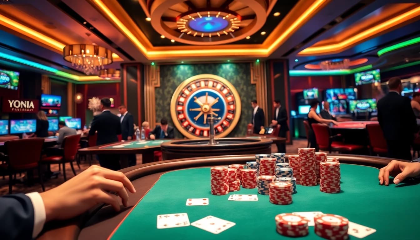 High-stakes action at MM OO's vibrant casino, featuring players at a poker table.