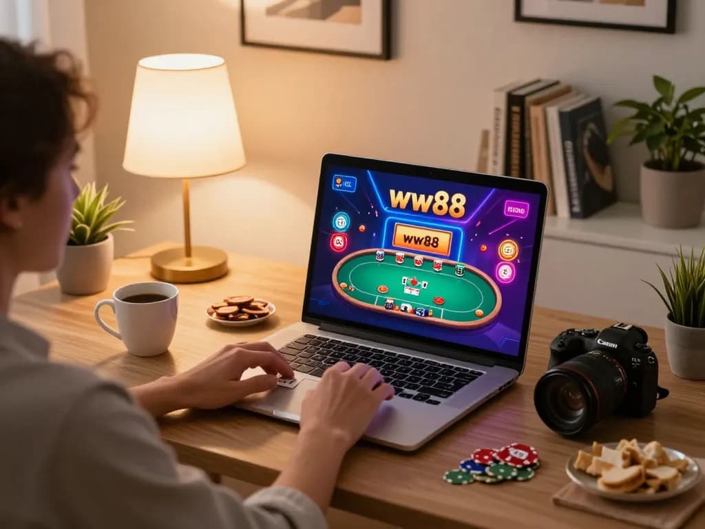 Engaging in online gambling with ww88, showcasing vibrant poker game interface on a laptop.
