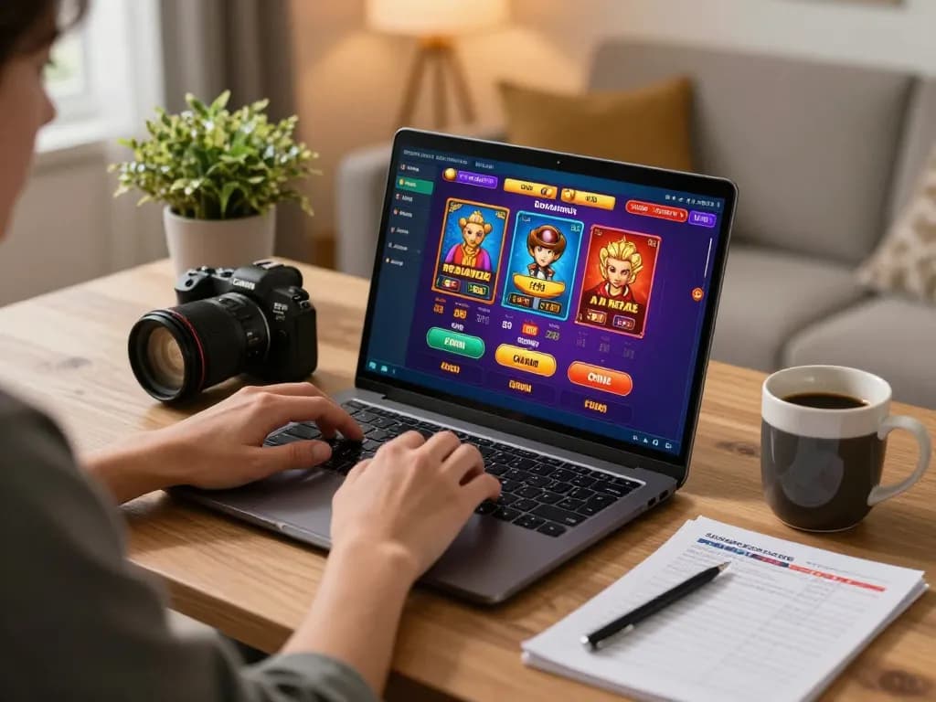 Orang bermain game kasino online di rumah menggunakan laptop dengan antarmuka yang livan dari https://www.webtransportdeal.com/fr/ dan catatan strategi taruhan.