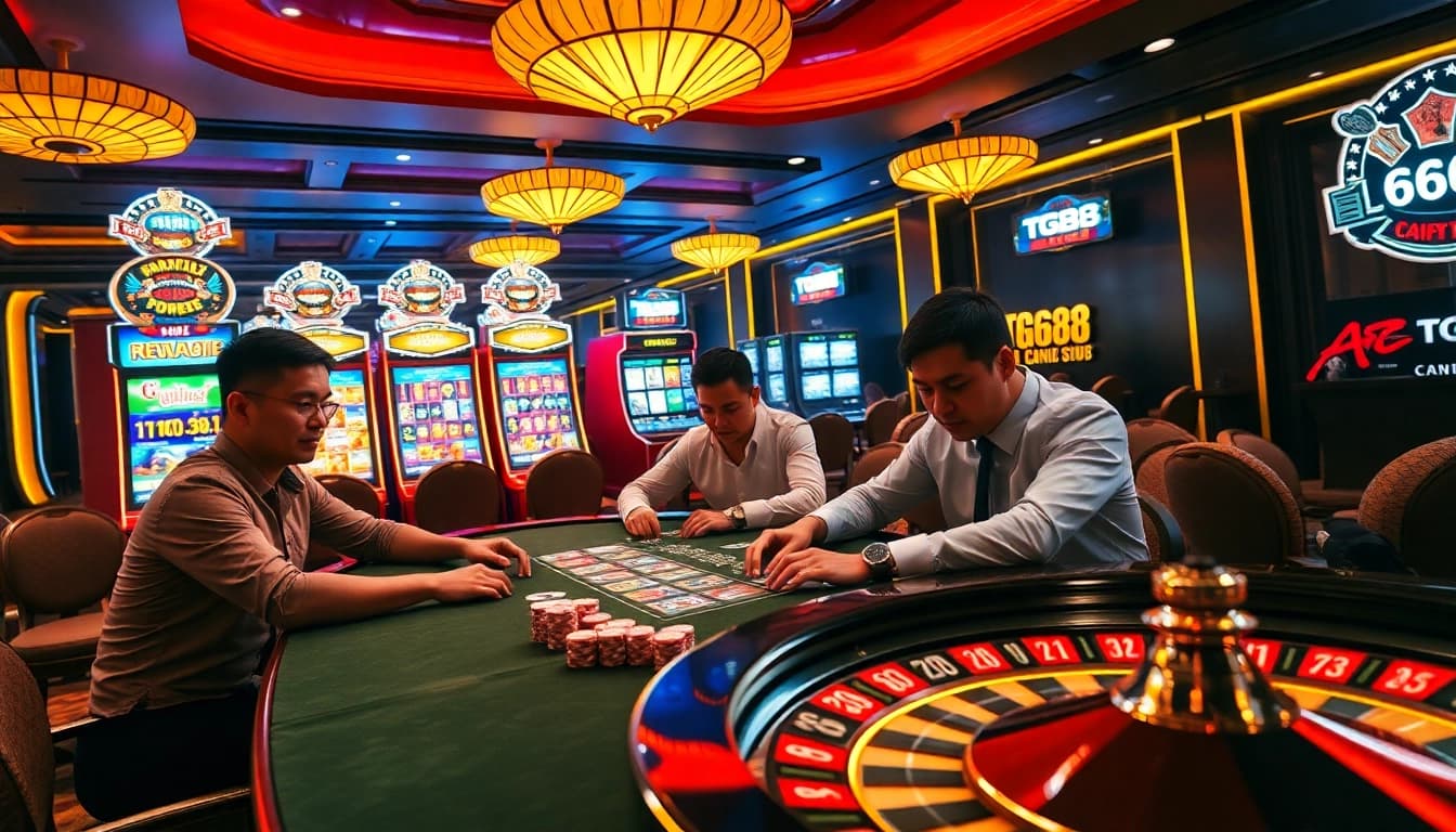 Exciting gambling at TG88 casino featuring poker and vibrant slot machines.