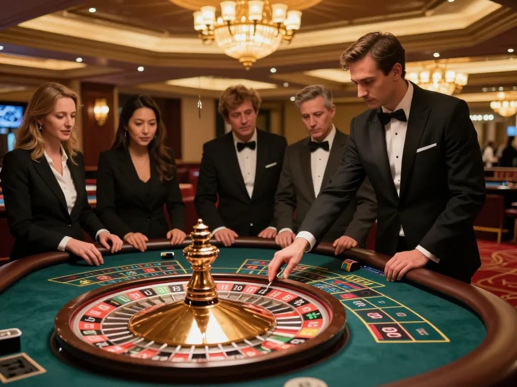 KONG88 roulette players placing bets in an upscale casino, showcasing excitement and strategy.