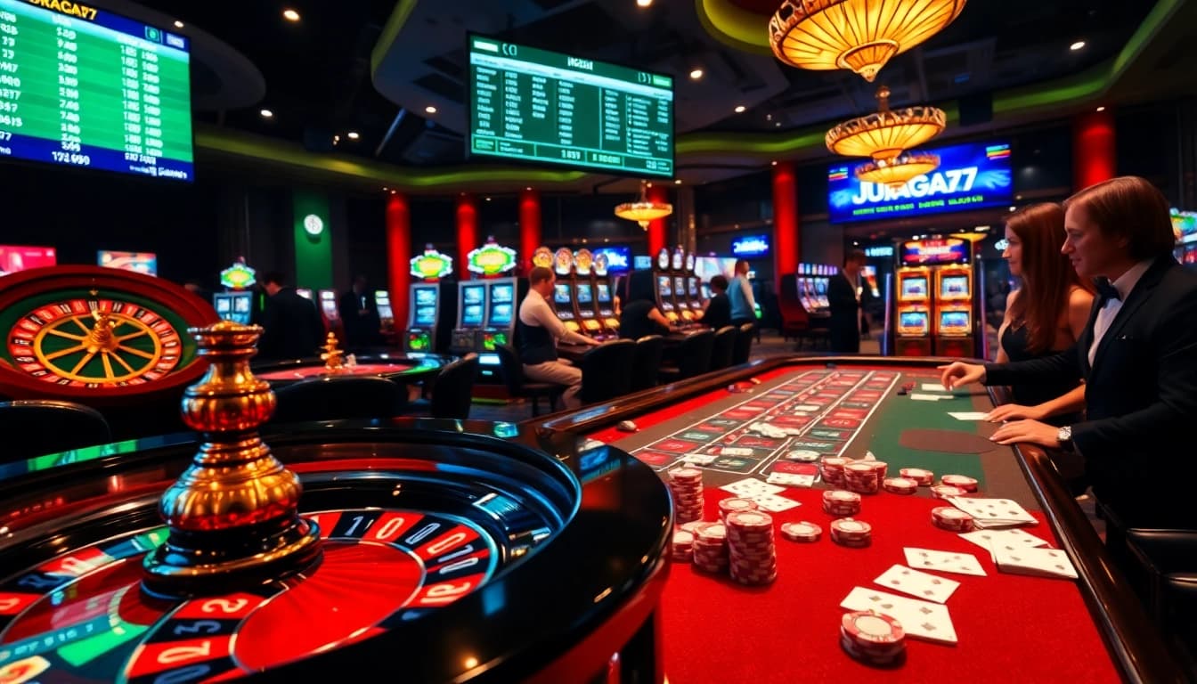 Experience the excitement of juragan77 at a vibrant casino featuring roulette wheels and poker tables.