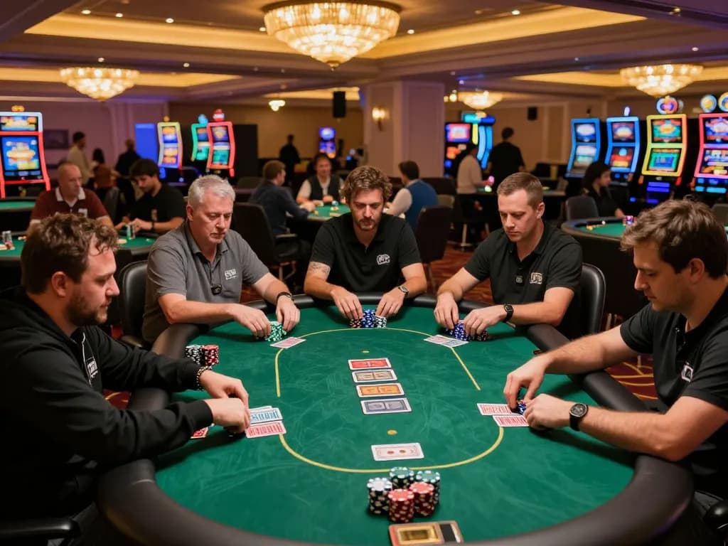 Pemain terlibat dalam permainan poker yang intens di kasino Las Vegas yang menampilkan strategi dan kegembiraan mpi2121.
