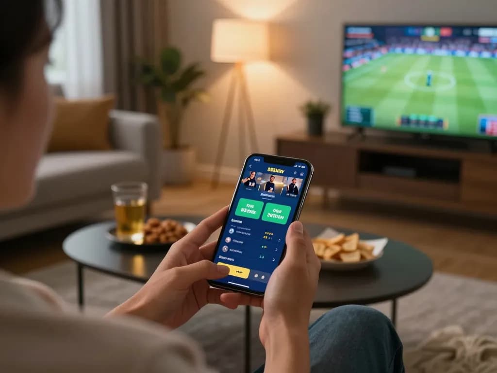 Engaging in mobile betting with the 888NEW app in a cozy living room setting.