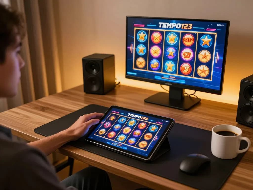 Pemainan yang menarik pada Slot Tempo123 ditampilkan di tablet di tengah suasana kantor rumah yang nyaman