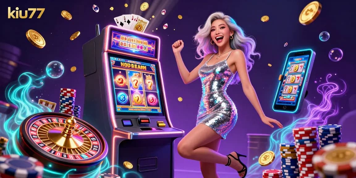 Kiu77 offers exhilarating slot gameplay with vibrant scenes of jackpot wins and thrilling casino action.