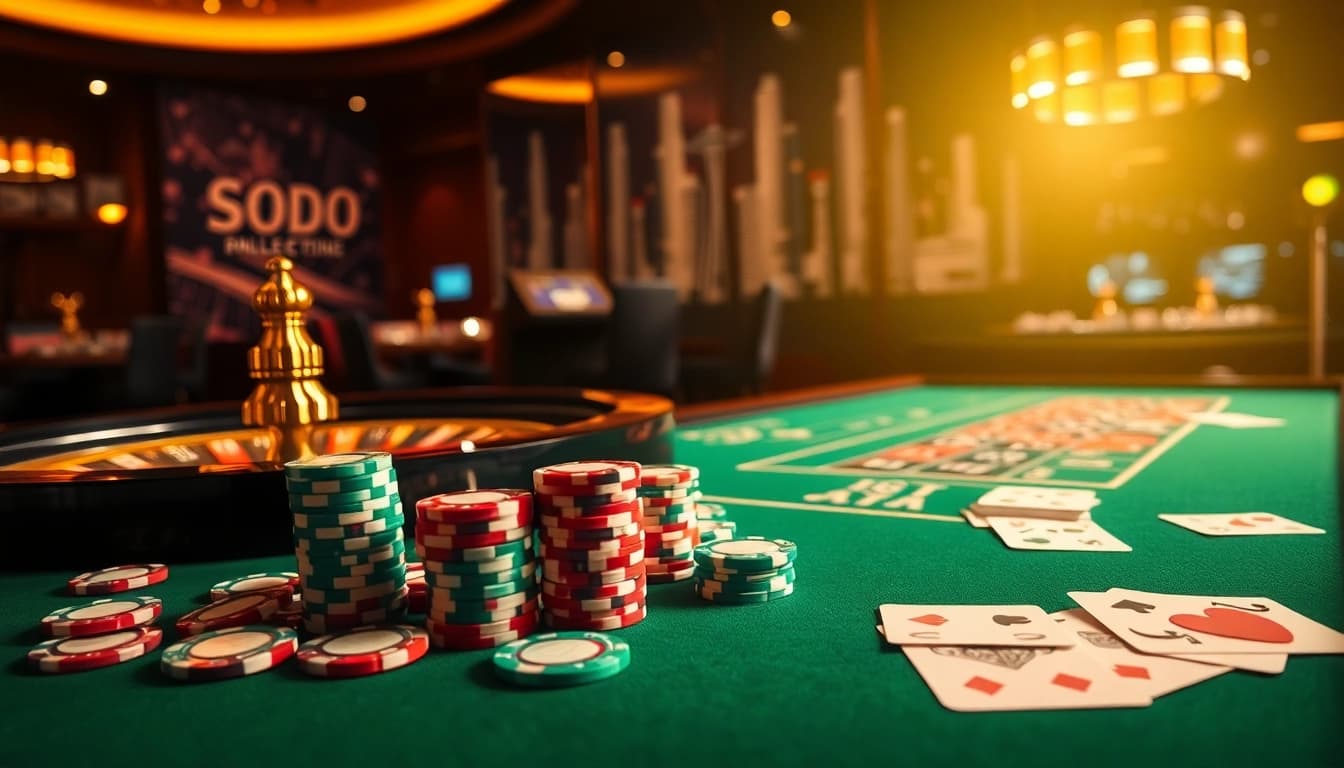 Experience thrilling gameplay at SODO, featuring vibrant casino tables with cards and roulette wheels.