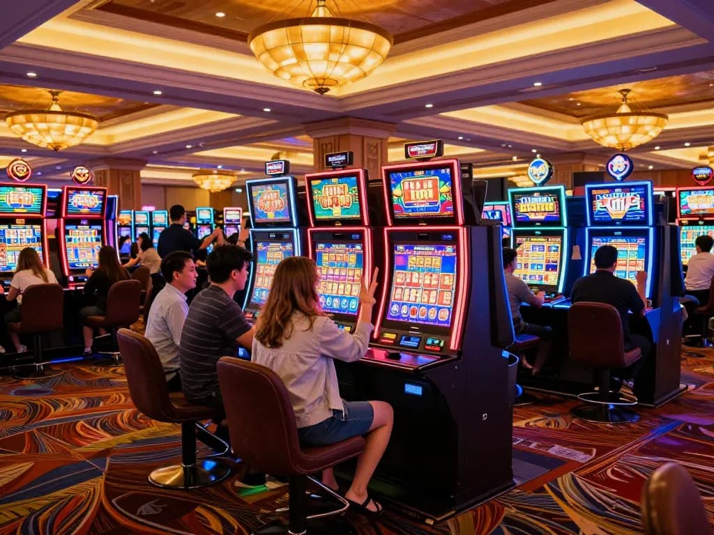 Pemain menikmati putaran yang mendebarkan di mesin slot yang berwarna-warni di kasino pupisgames, menangkap suasana yang hidup.