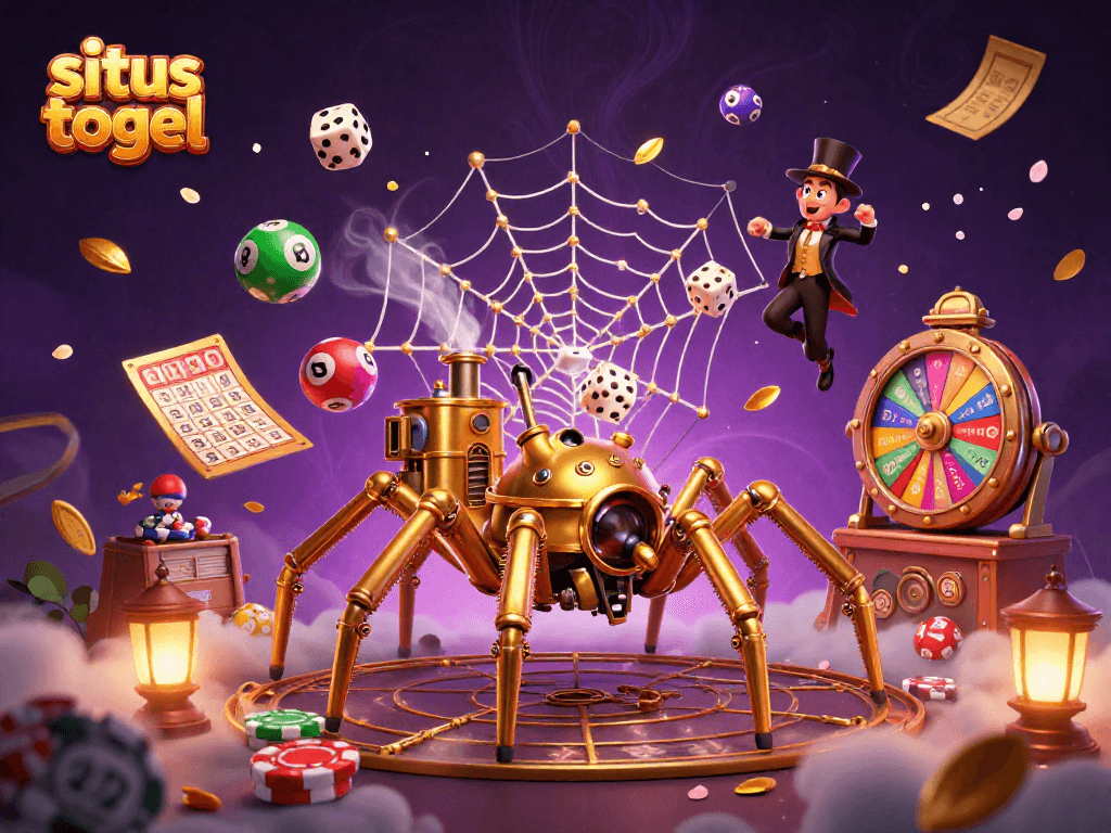 Engage in situs togel with a dynamic scene featuring colorful lottery elements and a steampunk spider theme.