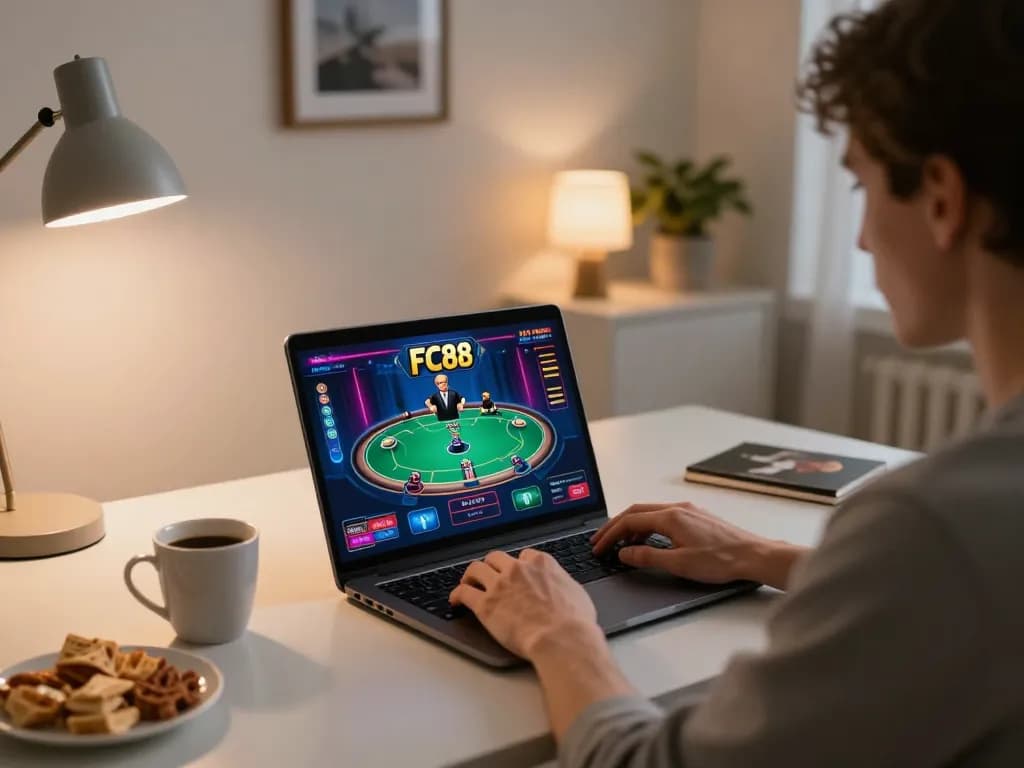 Player immerses in FC88 live casino game using laptop in a cozy home office