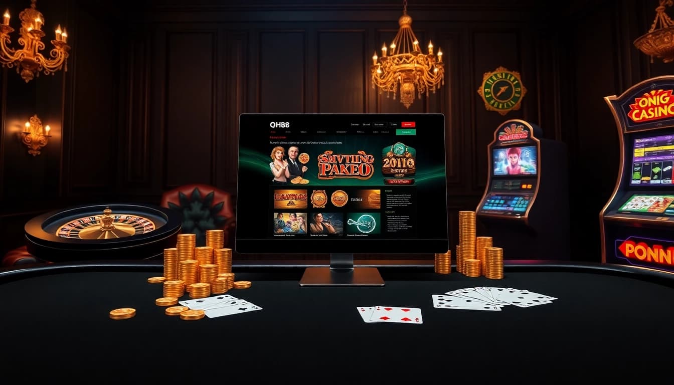 Experience the thrill of qh88 online casino with a professional gaming setup featuring poker chips and slots.