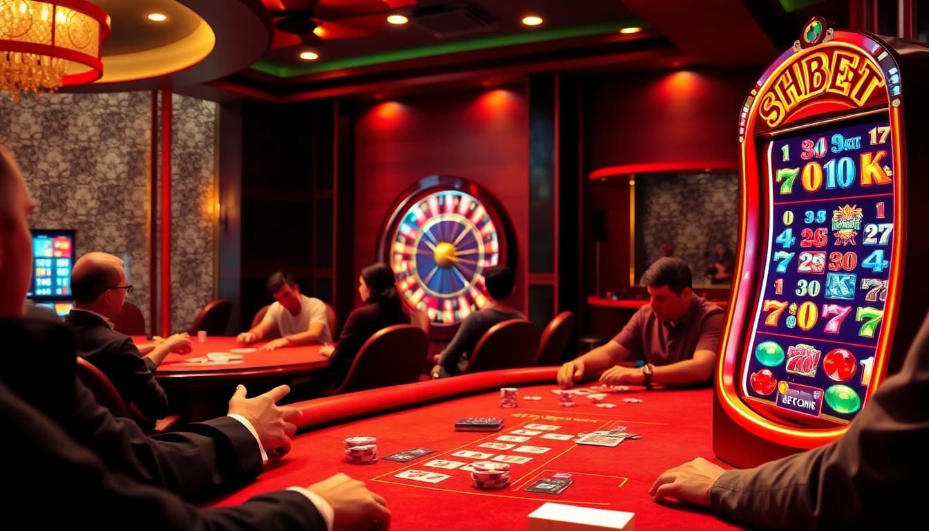 SHBET gaming visuals with players engaged in a high-stakes poker game and roulette in a luxurious casino.