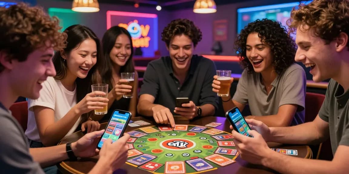 Friends playing 3 Patti Loot card game on smartphones, vibrant entertainment atmosphere.