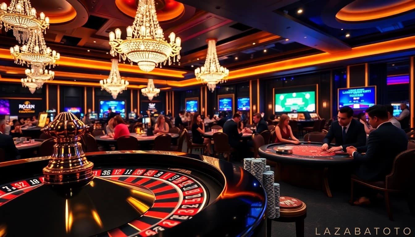 Lazadatoto provides an exciting casino experience with vibrant roulette tables and professional gamblers.
