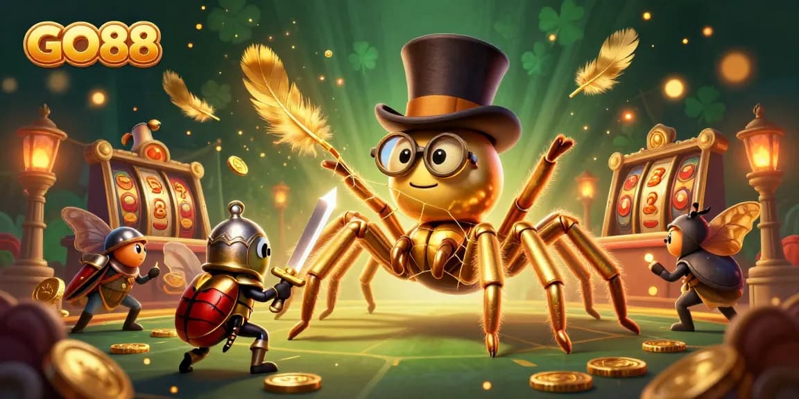 Engage with GO88's dynamic casino scene featuring golden tarantula and knight in action.