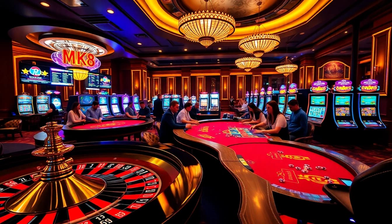 Experience thrilling MK8 gambling action with vibrant casino tables and glowing slot machines.