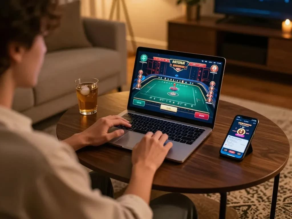 Player enjoying 555win live dealer game on laptop, showcasing strategic gameplay and cozy home atmosphere.