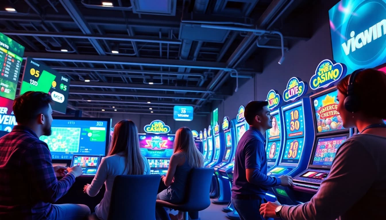Engaging online gaming experience at vicwin, featuring diverse players, live casino, and interactive slots.