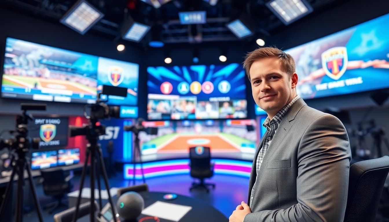 Engaging sports broadcasting anchor preparing for a live event in a high-tech studio.